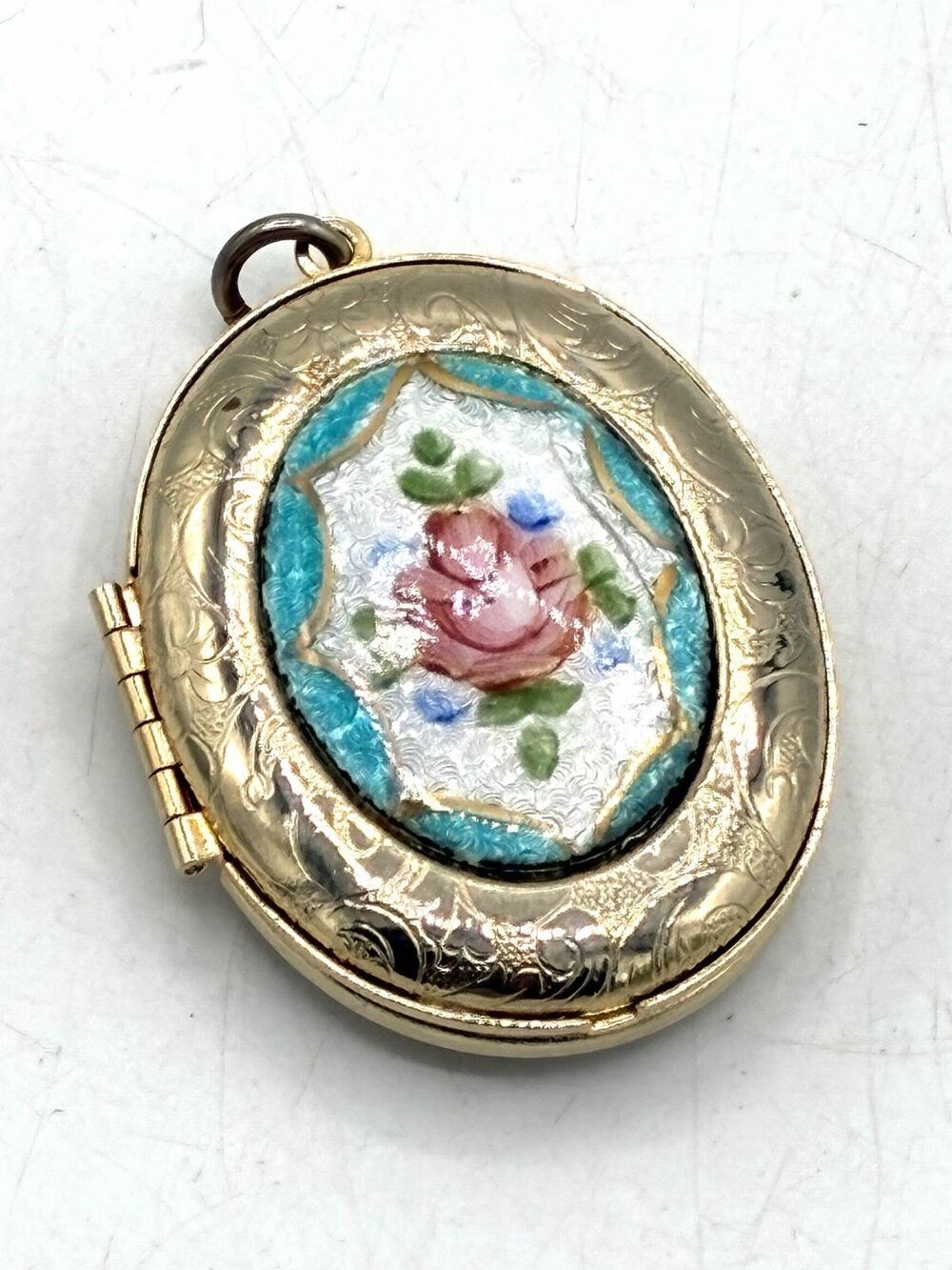 Vintage Enamel Rose Floral Locket 2” Engraved Gold Tone Oval Photo Pendant